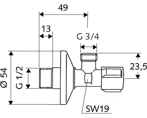 Technický nákres rohového regulačního ventilu s rozměry