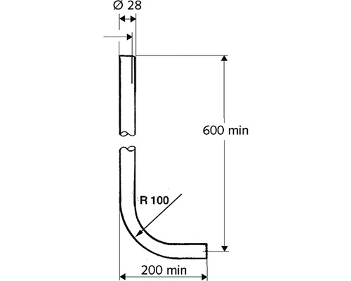 Technický nákres potrubního kolena s rozměry