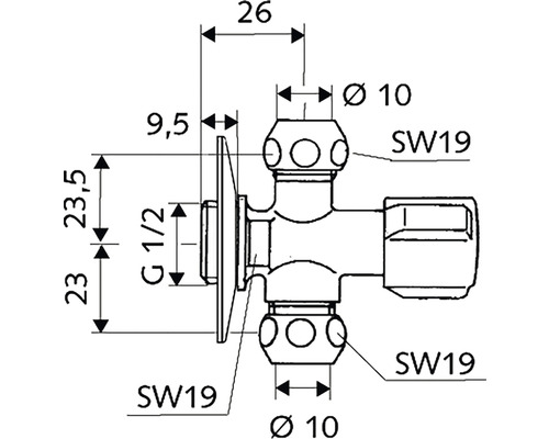 Technický výkres rohového regulačního ventilu s rozměry