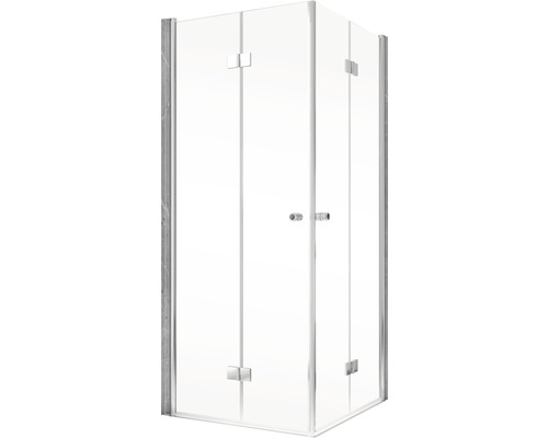 Rohová sprcha s čirými skleněnými stěnami a stříbrným kováním