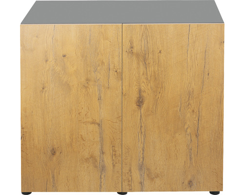 Spodní skříňka barvy dřeva se dvěma dvířky a šedou deskou