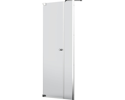 Otevřené skleněné dveře sprchového koutu s madlem