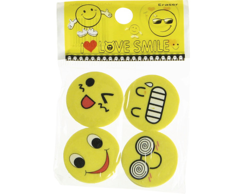 Balení čtyř gum s různými emoji obličeji.