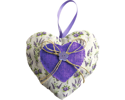 Levandulový polštář ve tvaru srdce s levandulovým vzorem, poutkem na zavěšení a ozdobnou mašlí