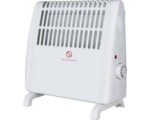 Bílý radiátor s regulátorem teploty a upozorněním nezakrývat