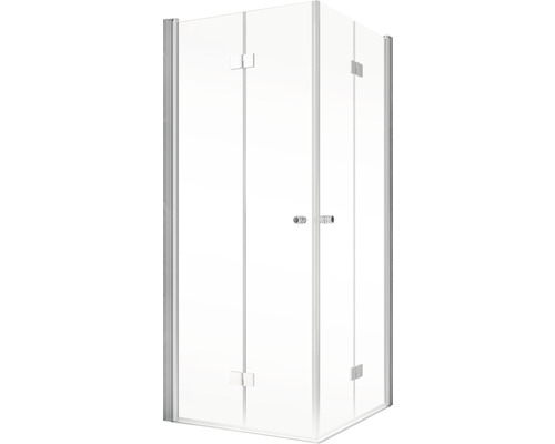 Rohová sprcha s čirými skleněnými stěnami a stříbrným kováním