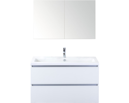 Koupelnový nábytkový set Vogue 100 cm s keramickým umyvadlem a zrcadlovou skříňkou bílá vysoce lesklá