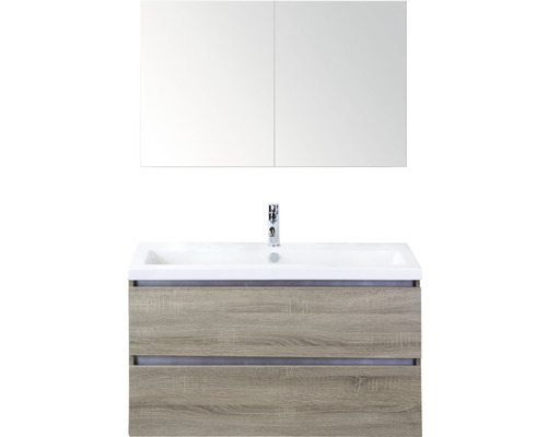 Koupelnový nábytkový set Vogue 100 cm s keramickým umyvadlem a zrcadlovou skříňkou dub šedý