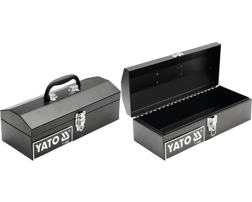 Kovový box na nářadí s rukojetí v otevřeném a zavřeném provedení