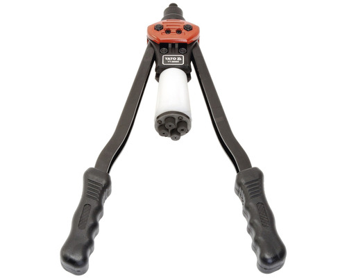 Nýtovací kleště s černými rukojeťmi a různými nástavci