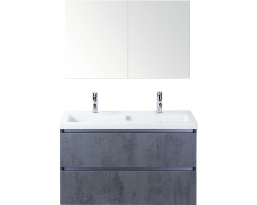 Koupelnový nábytkový set Vogue 100 cm s keramickým umyvadlem 2 otvory na kohouty a zrcadlovou skříňkou beton antracitově šedá