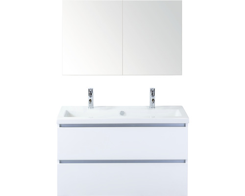 Koupelnový nábytkový set Vogue 100 cm s keramickým umyvadlem 2 otvory na kohouty a zrcadlovou skříňkou bílá vysoce lesklá