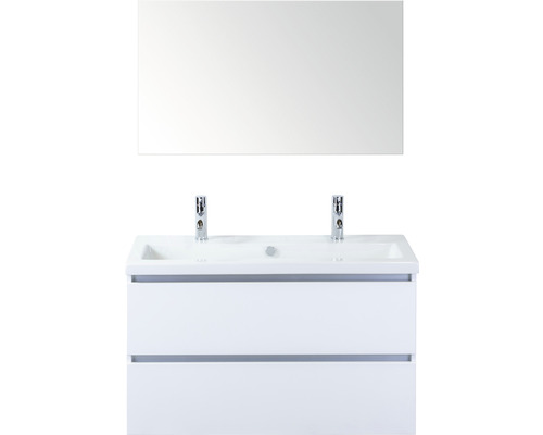 Koupelnový nábytkový set Vogue 100 cm s keramickým umyvadlem 2 otvory na kohouty a zrcadlem bílá vysoce lesklá