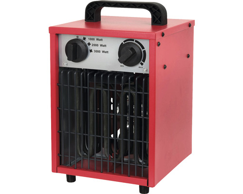 Červený elektrický ohřívač s topnou spirálou a rukojetí