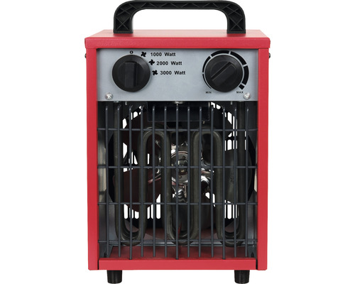 Elektrický topný ventilátor se třemi stupni ohřevu a rukojetí.