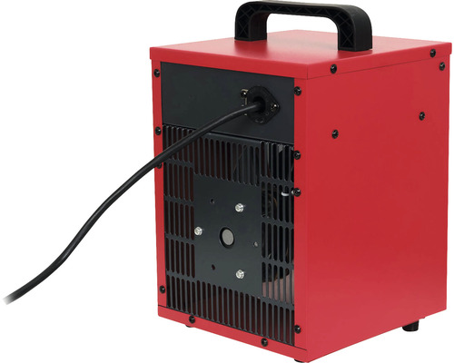 Zadní pohled na červený elektrický ohřívač s černou rukojetí a napájecím kabelem