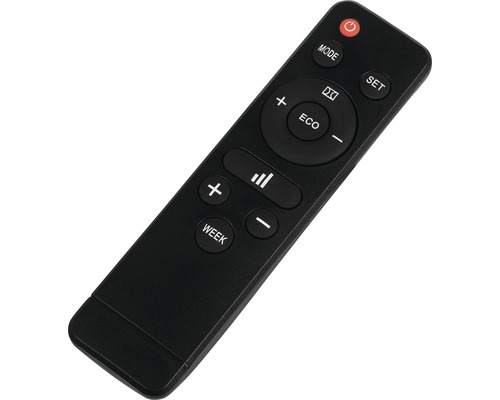 Černé dálkové ovládání s několika tlačítky.