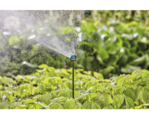 Zahradní scéna s travním postřikovačem zavlažujícím rostliny