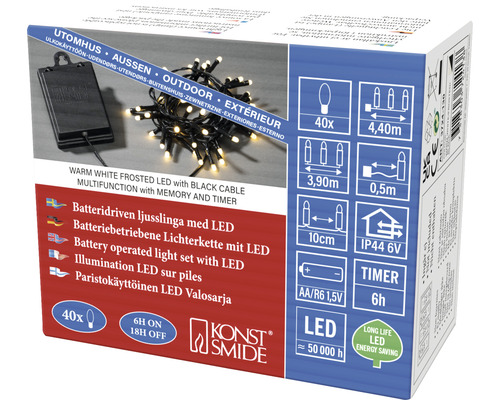 Balení bateriového LED světelného řetězu s teplými bílými LED a černým kabelem pro venkovní použití