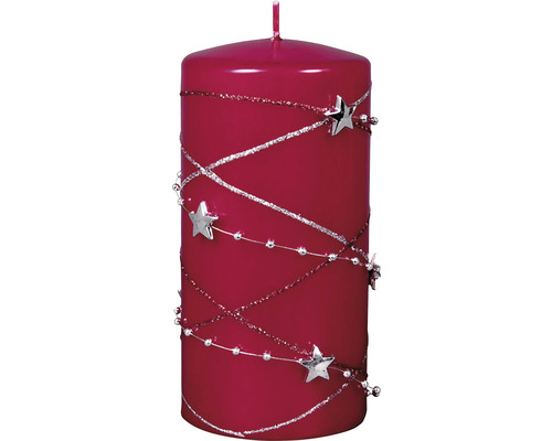 Vánoční svíčka válec GIRLANDA Ø7 x 14 cm bordó Dekorační svíčka s hvězdnými aplikacemi