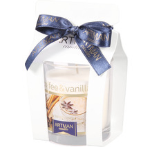 Vonná svíčka káva a vanilka ve sklenici se stuhou