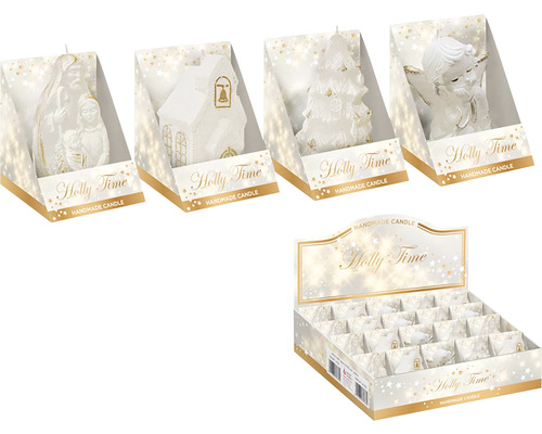 Dekorativní svíčky pro vánoční období v různých tvarech v prodejním displeji