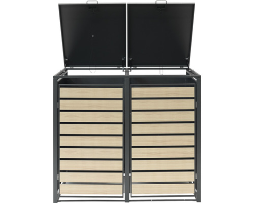 Box na popelnice se dvěma přihrádkami a výklopnými víky.