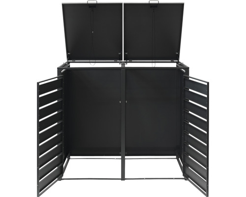 Box na popelnice pro dvě popelnice s lamelovými dveřmi a výklopným víkem