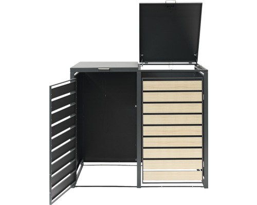 Skříň na popelnice pro dvě popelnice s dřevěným obložením a otevřenými dvířky