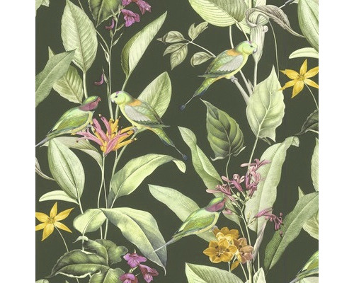 Tapeta s listy, květy a papoušky