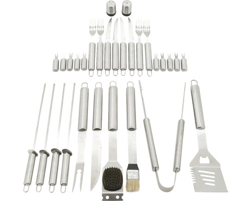 Sada grilovacího náčiní s grilovací vidličkou, grilovacím nožem, grilovacími kleštěmi a grilovací obracečkou.