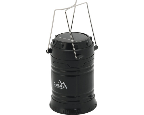 Černá kempingová lampa se solárním panelem a kovovou rukojetí
