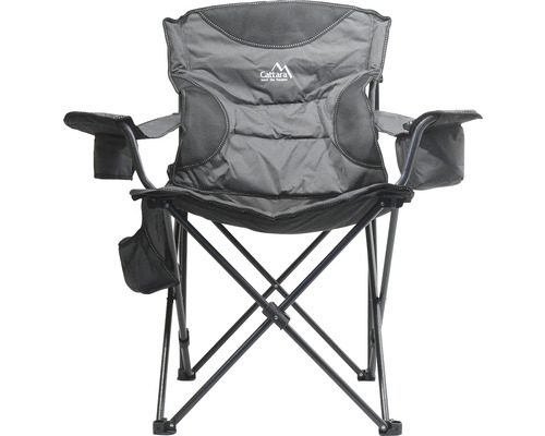 Šedá kempingová židle s područkami a držákem nápojů