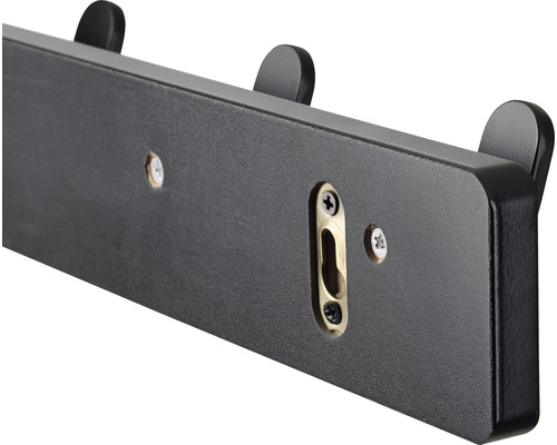 Šatní panel se třemi háčky a montážními otvory pro montáž na stěnu.