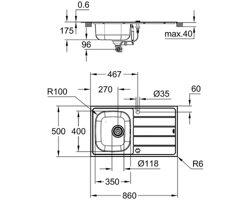 Technický nákres dřezu s rozměry