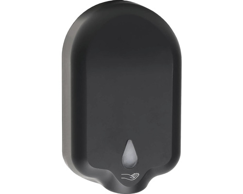 Černý dávkovač dezinfekce na stěnu s indikátorem kapky a symbolem ruky