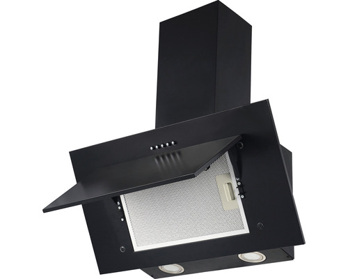 Černý odsavač par s otevřeným předním krytem a kovovým tukovým filtrem
