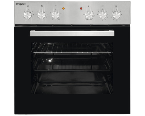 Vestavná trouba Exquisit s otočnými ovladači a otevřenými dvířky trouby