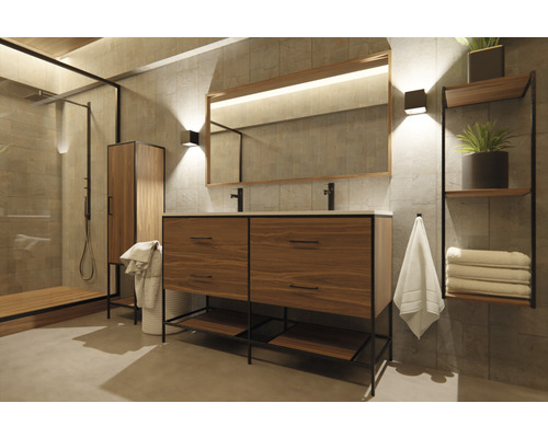 Moderní koupelna s umyvadlovou skříňkou, zrcadlem, regálem a sprchou