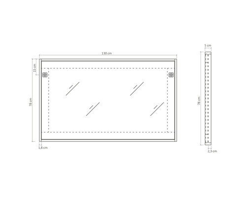 Technický nákres zrcadla s rozměry 130 x 78 cm
