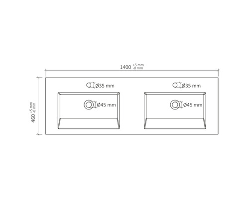 Technický nákres umyvadlové desky se dvěma umyvadly a rozměry