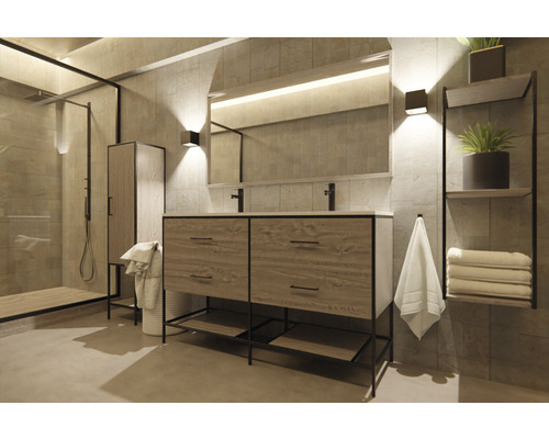 Světlá koupelna se sprchou, skříňkou pod umyvadlo, zrcadlem a policí