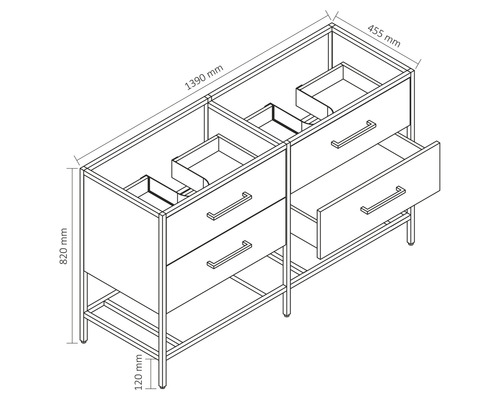 Nákres skříňky pod umyvadlo se zásuvkami a rozměry