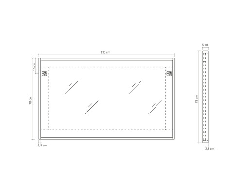 Technický nákres obdélníkového zrcadla s rozměry: šířka 130 cm a výška 78 cm