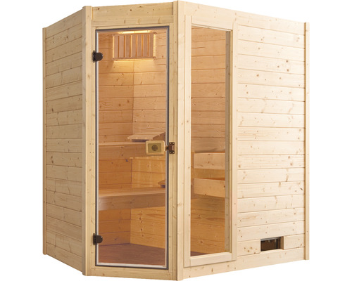 Rohová sauna se skleněnými dveřmi a dřevěnými lavicemi