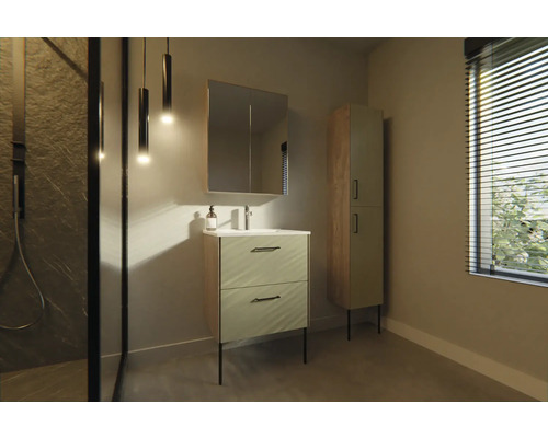 Moderní koupelna s umyvadlovou skříňkou, zrcadlovou skříňkou a vysokou skříňkou