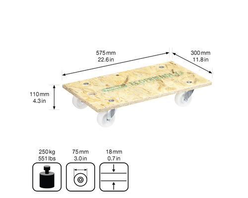 Dřevěná rolba o rozměrech 575 x 300 x 110 mm s maximální nosností 250 kg