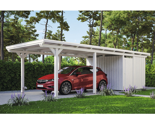Přístřešek na auto SKAN HOLZ Emsland vč. úložného prostoru, kotev pro sloupky, 354 x 846 cm bílý Bílý dřevěný carport s úložným prostorem a autem na zahradě