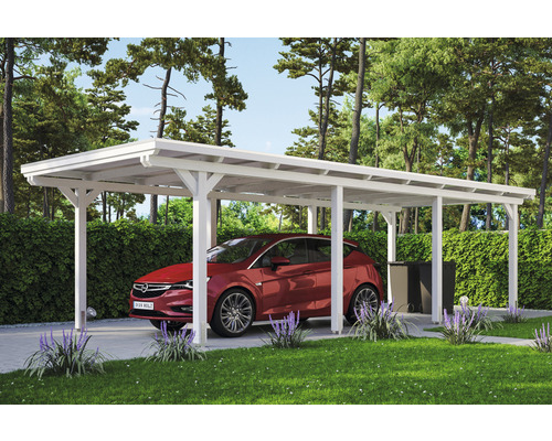 Přístřešek pro auto s automobilem a zahradní úpravou