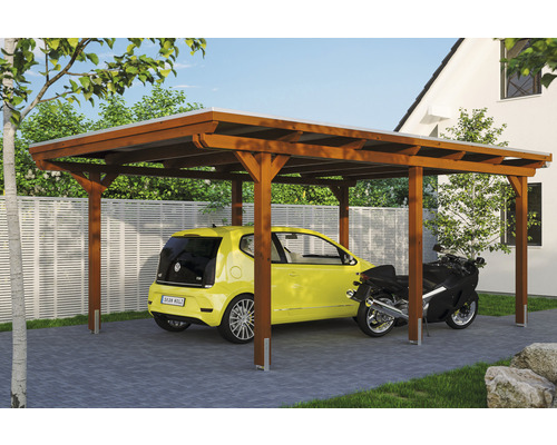 Dřevěný přístřešek pro auto s automobilem a motocyklem